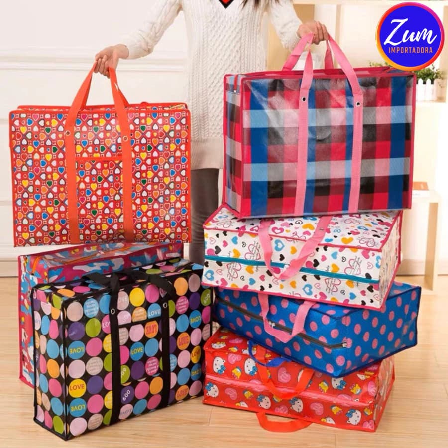 Sacolão Bolsa com Ziper Resistente para Viagens, Compras Feira Sacoleira Organizadora Estampas Sortidas