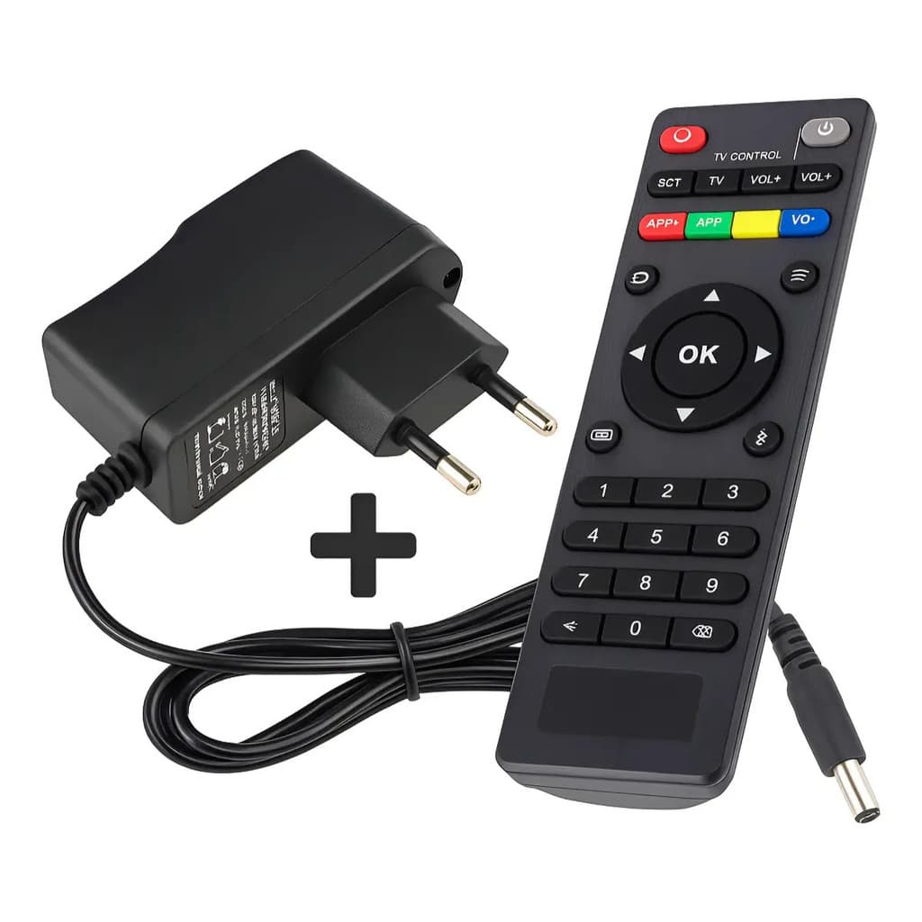 Kit Controle Remoto e Fonte Bivolt Para Tv Box 4k Android