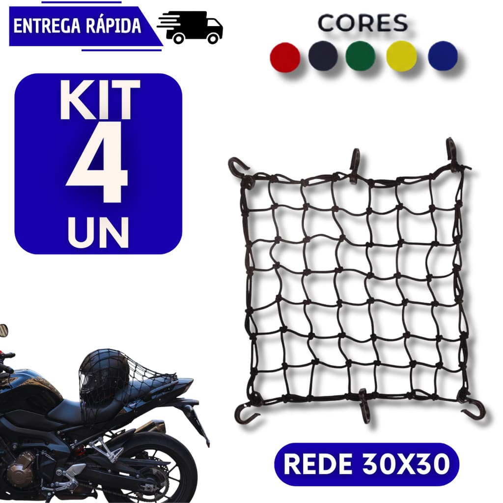Kit 4 Rede Aranha Elástica Para Capacete Moto Bike Multiuso Bagageiro Alta Resistência Redinha Acessório Ganchos Redes