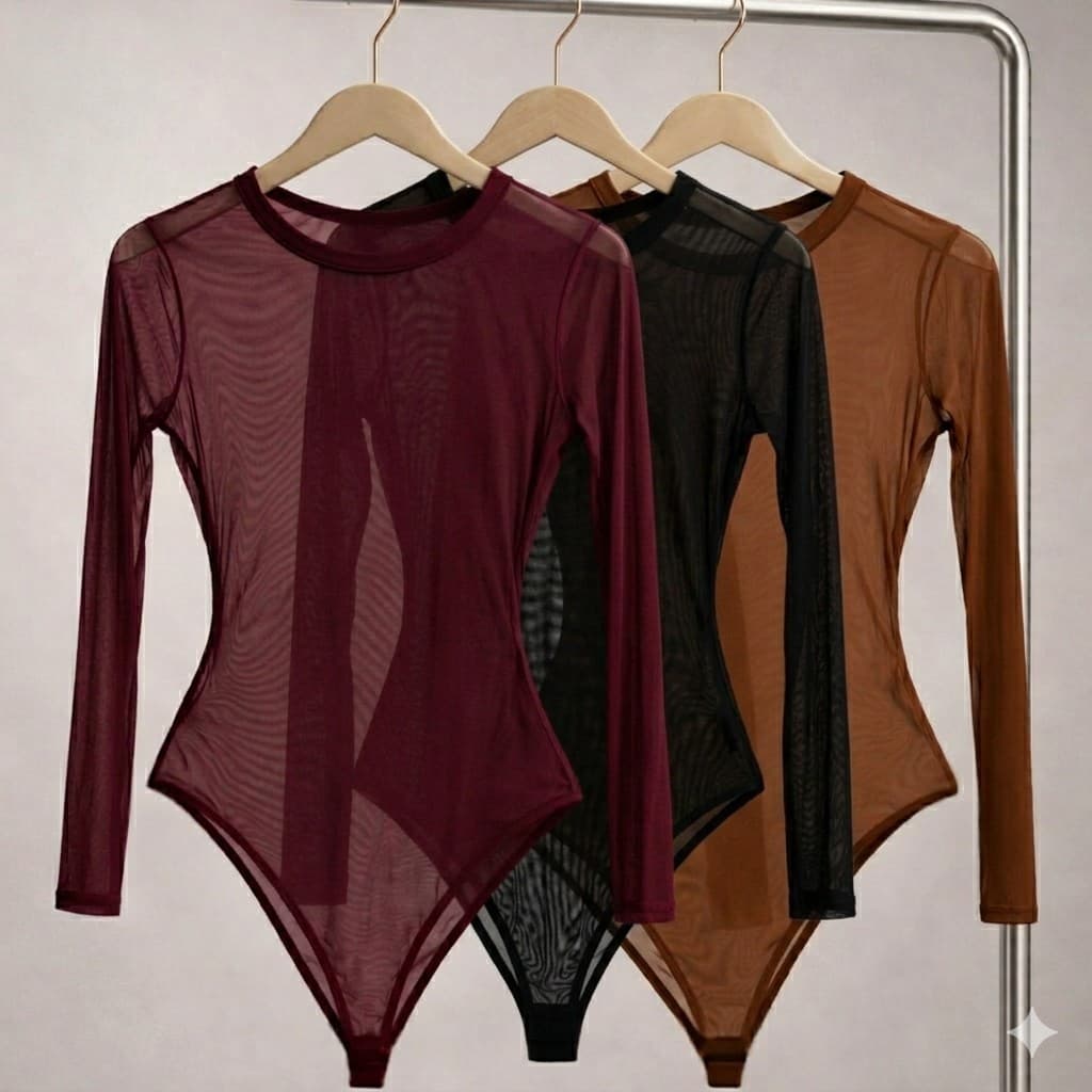 Kit com 2 peças Body Tule Feminino Manga Longa Gola Alta Renda Blogueiras Preto Marrom Branco