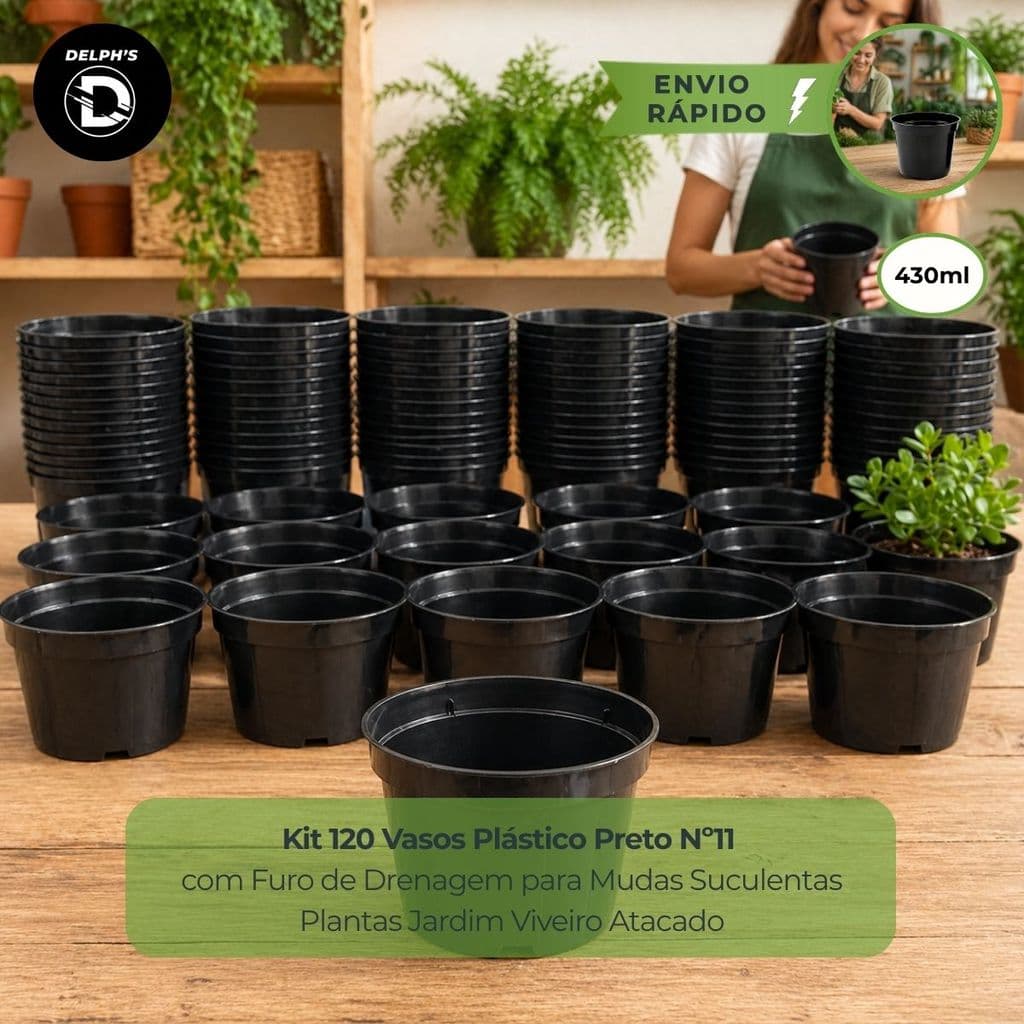 kit 120 Vasos Pote 11 vasos plantas plástico liso na cor preta  flores temperos plantas