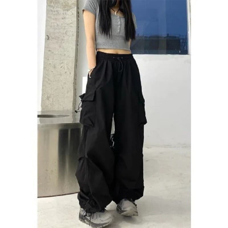 Design High Street macacão feminino novo estilo solto em linha reta perna larga grande bolso Casual Retro Leggings na mo