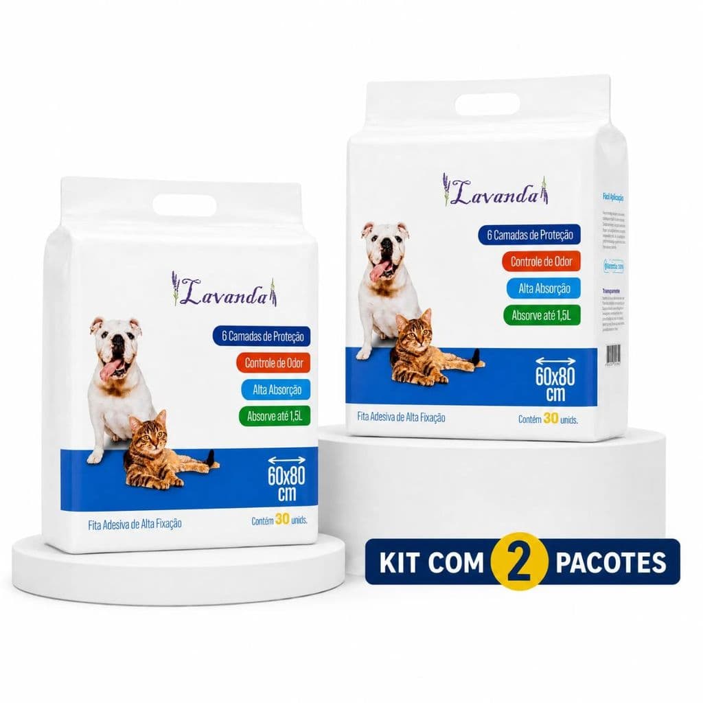 Kit 2 Tapete Higienico P/ Cães E Gatos 60x80 Com 60 Uni Fita Adesiva 6 Camadas Controle de Odor
