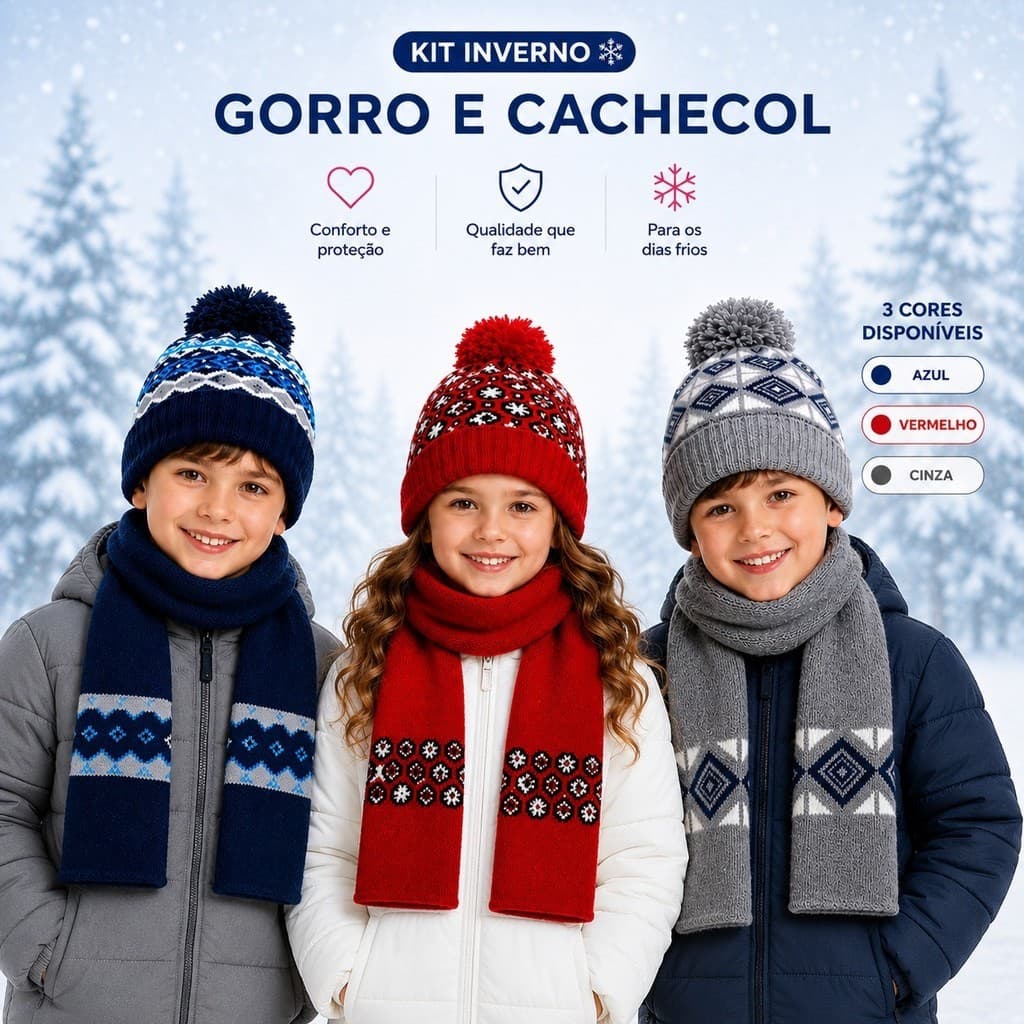 Touca e Cachecol Infantil Gorro Criança Menino Menina Inverno Quente Macio Confortável Ref 0230