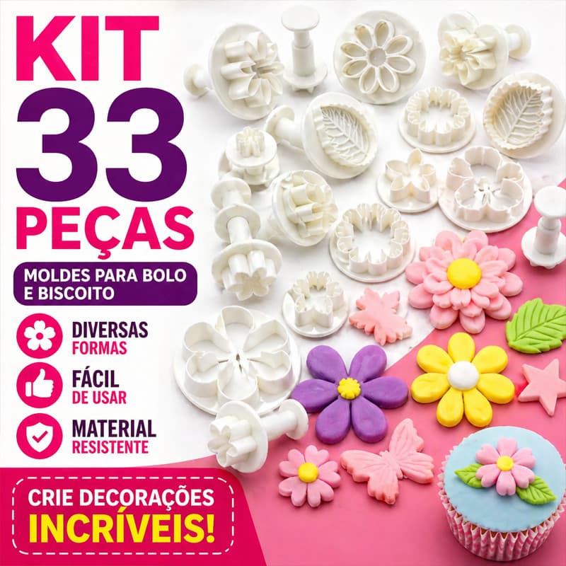 Kit 33 Peças Moldes para Bolo Biscoito Flor Acessórios de Confeitaria para Massa Pasta Cookie