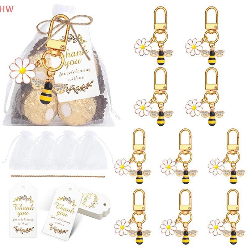 10 Conjuntos De Chaveiro De Flor De Abelha , Conjunto De Lembrancinhas De Festa , Com Etiquetas Kraft , Bolsa De Organza