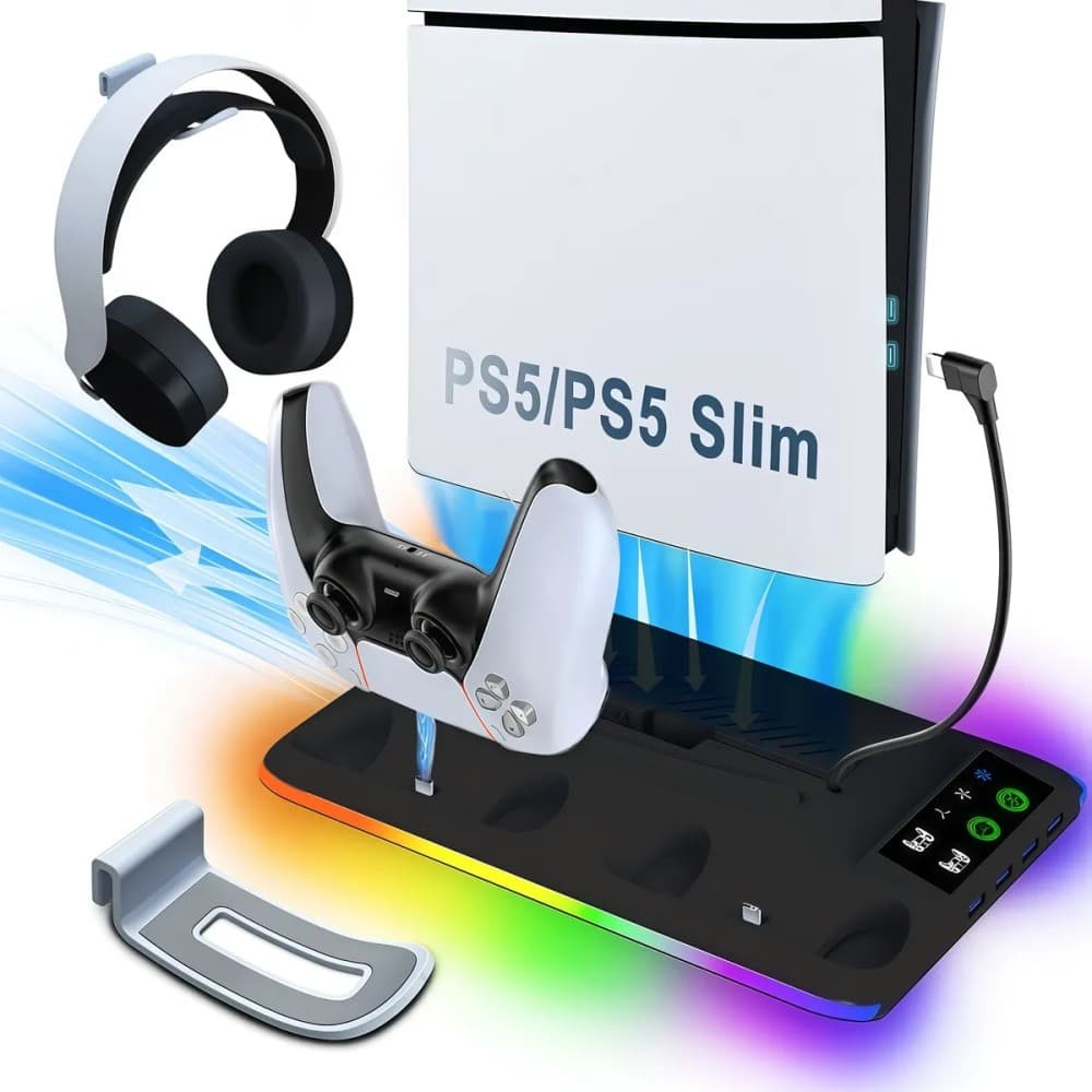 Base Cooler Para PS5/SLIM/PRO Suporte Dock Carregador de Controles Controles Com Led RGB Cor Branco Preto