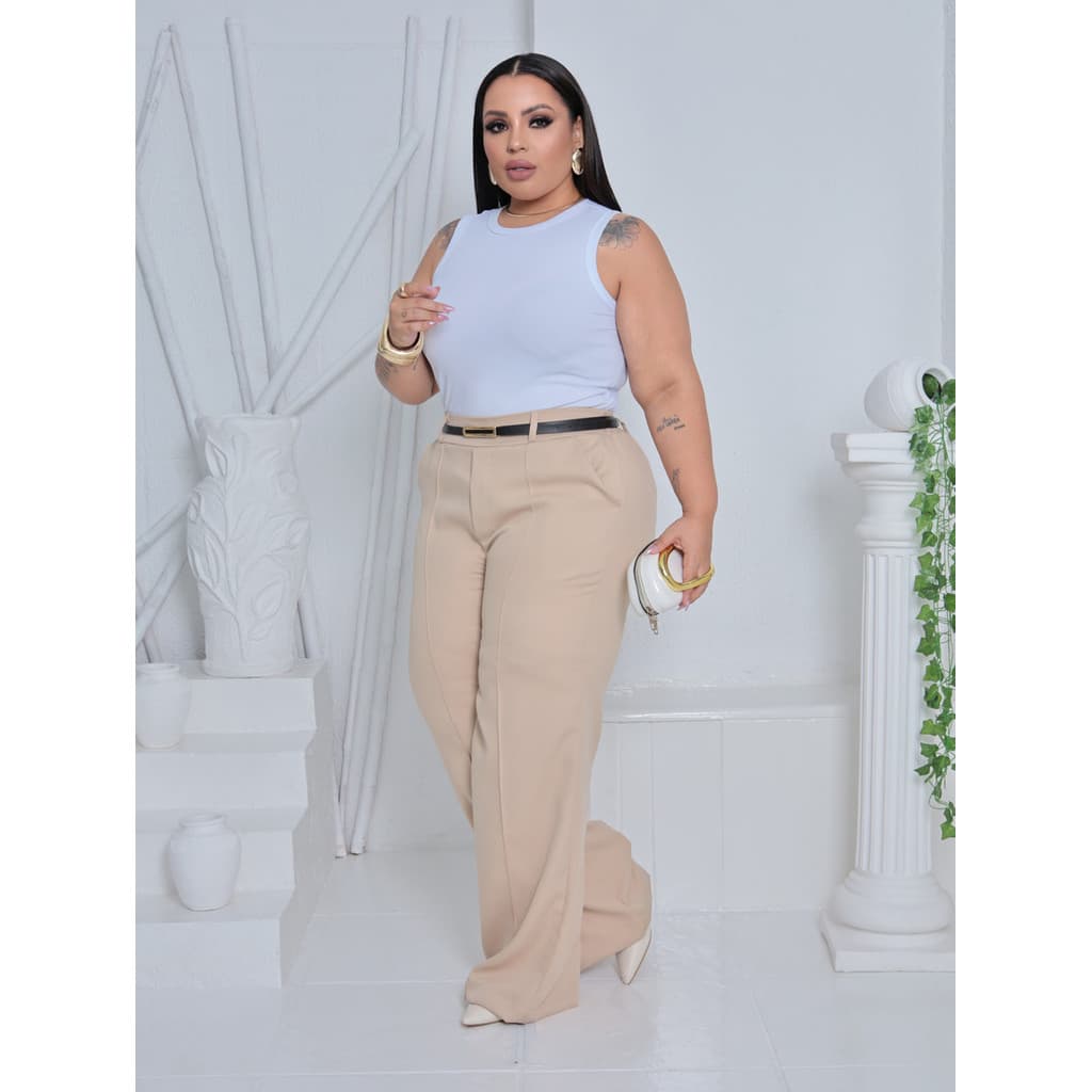Calça Alfaiataria Pantalona Plus Size Wide Leg Social Com Cinto Feminino