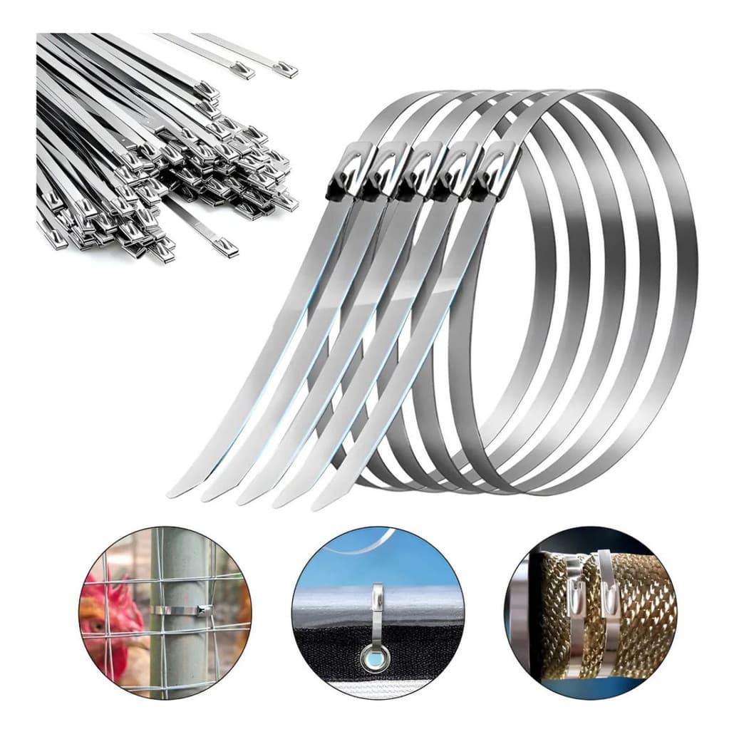 Kit 100 Abraçadeira Aço Inox Metal Zip Tie 20cm Enforca Gato Prateado