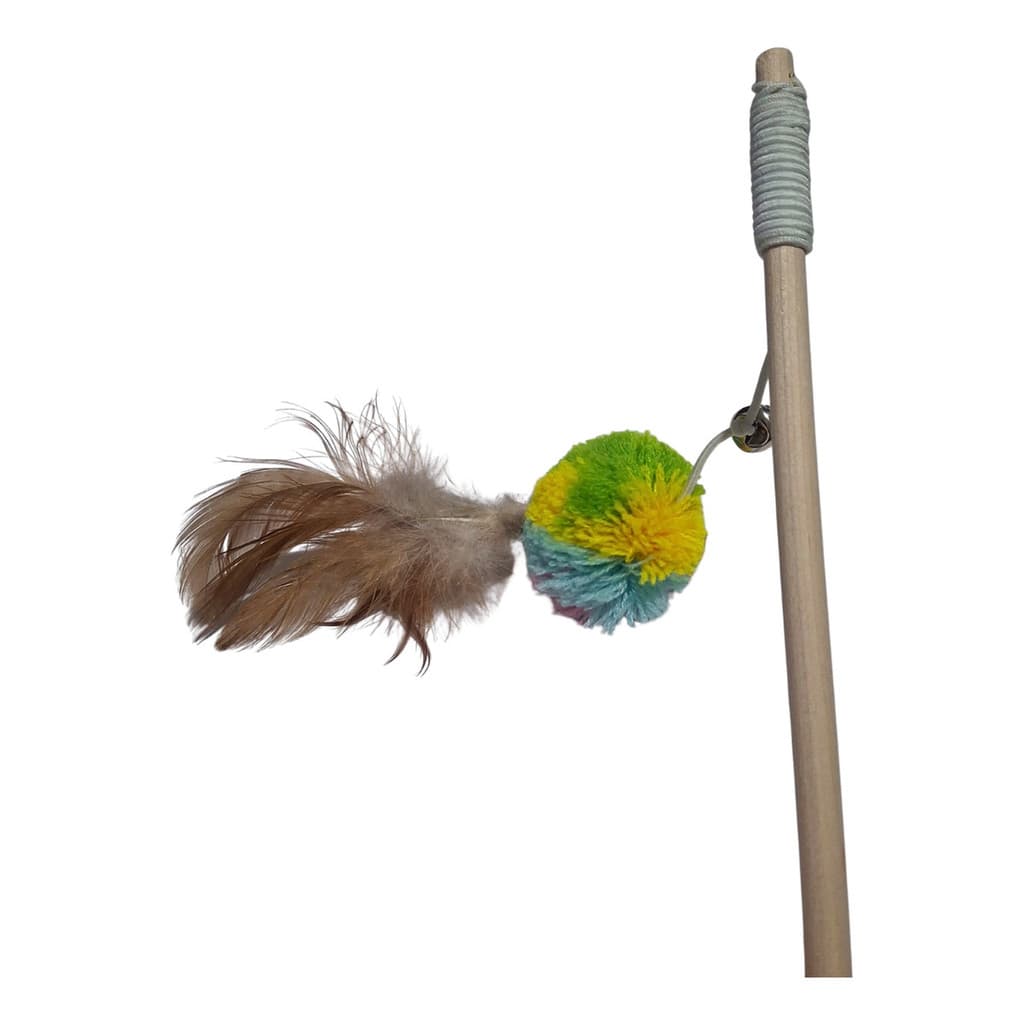 Brinquedo Varinha para Gato com PomPom Colorido, Penas e Sino – Estimula Caça e Movimento Vareta