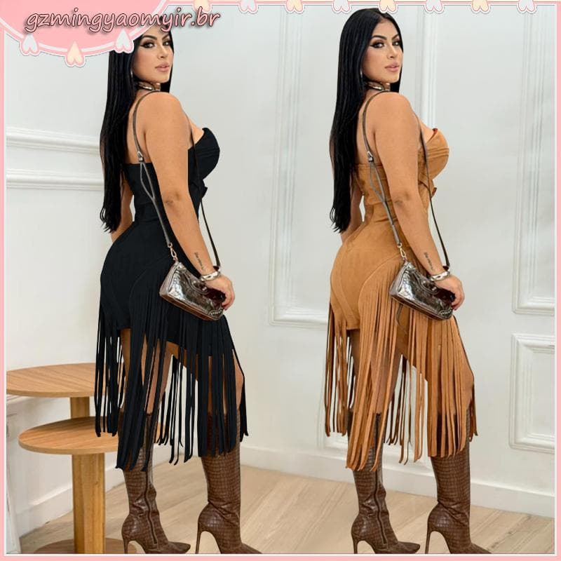 2026 Novo estilo vestido feminino sem mangas com franjas vestido de uma peça