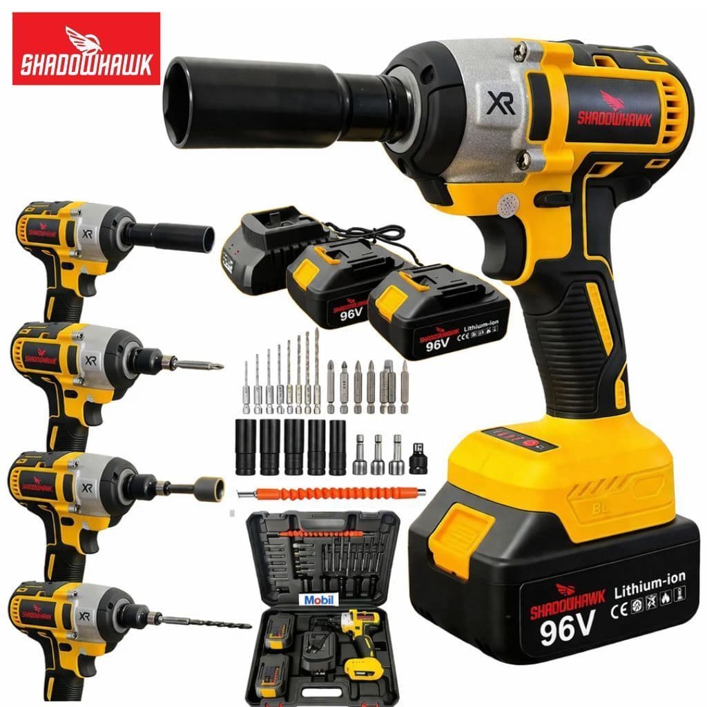 Chave de Impacto Shadowhawk 96V Profissional Sem Fio Duas Baterias Maleta Completa Encaixe Meia Polegada