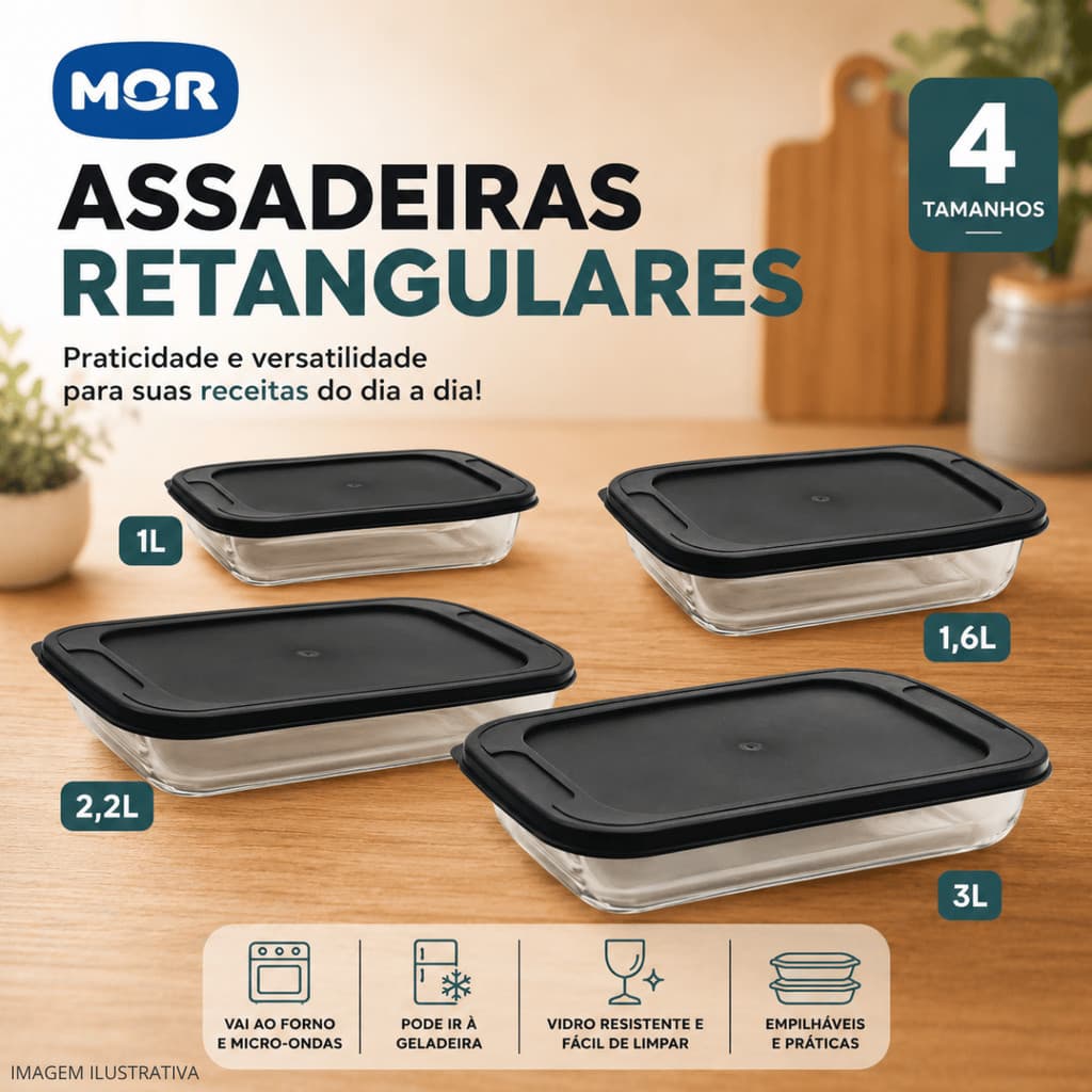 Assadeira Retangular de Vidro MOR com Tampa 1L /1,6L /2,2L /3L — Refratário Travessa Lasanheira