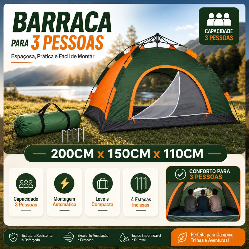 Barraca Camping Automática 3 Pessoas Impermeável UV50+ Portátil Montagem Rápida