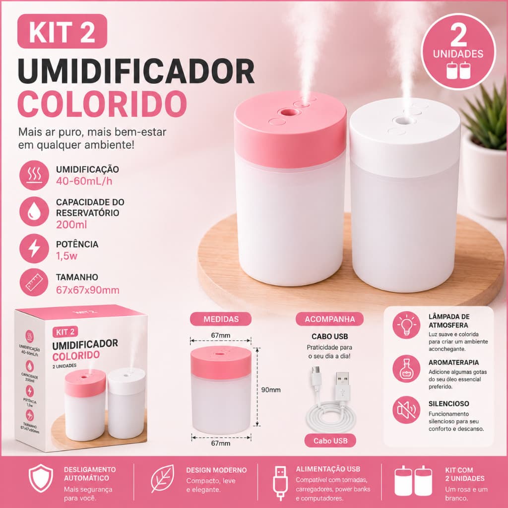 Kit 2 Mini Umidificador Difusor De Aroma Abajur LED RGB Escritório Luminária Mesa Luz Noturna