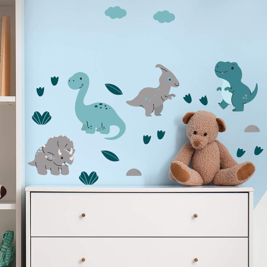 Adesivo de Parede Infantil Dinossauros Tons de Azul e Cinza - 20 adesivos