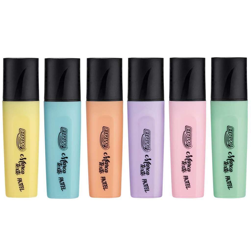 Marca Texto 6 Cores em Tom Pastel Amarelo Azul Laranja Lilás Rosa Verde Ponta 5,0mm Chanfrada BRW