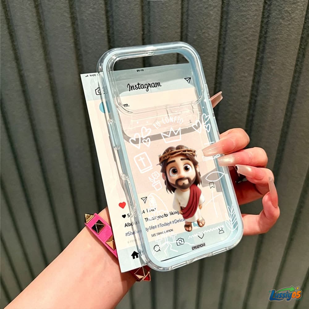 Capa Anti-Queda Transparente Com Borda Multicolorida Para iPhone 17 Pro Max 16 15 13 14 Plus 11 12 XR Cartoon Cute Jesus