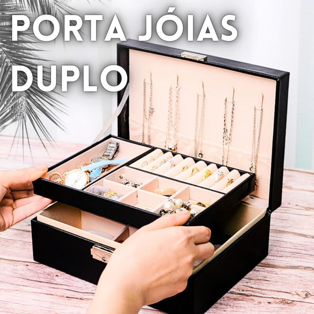 Grande Caixa de Joias Dupla, Estojo Portátil para Colares, Anéis, Pulseiras, com Chave, Luxuosa