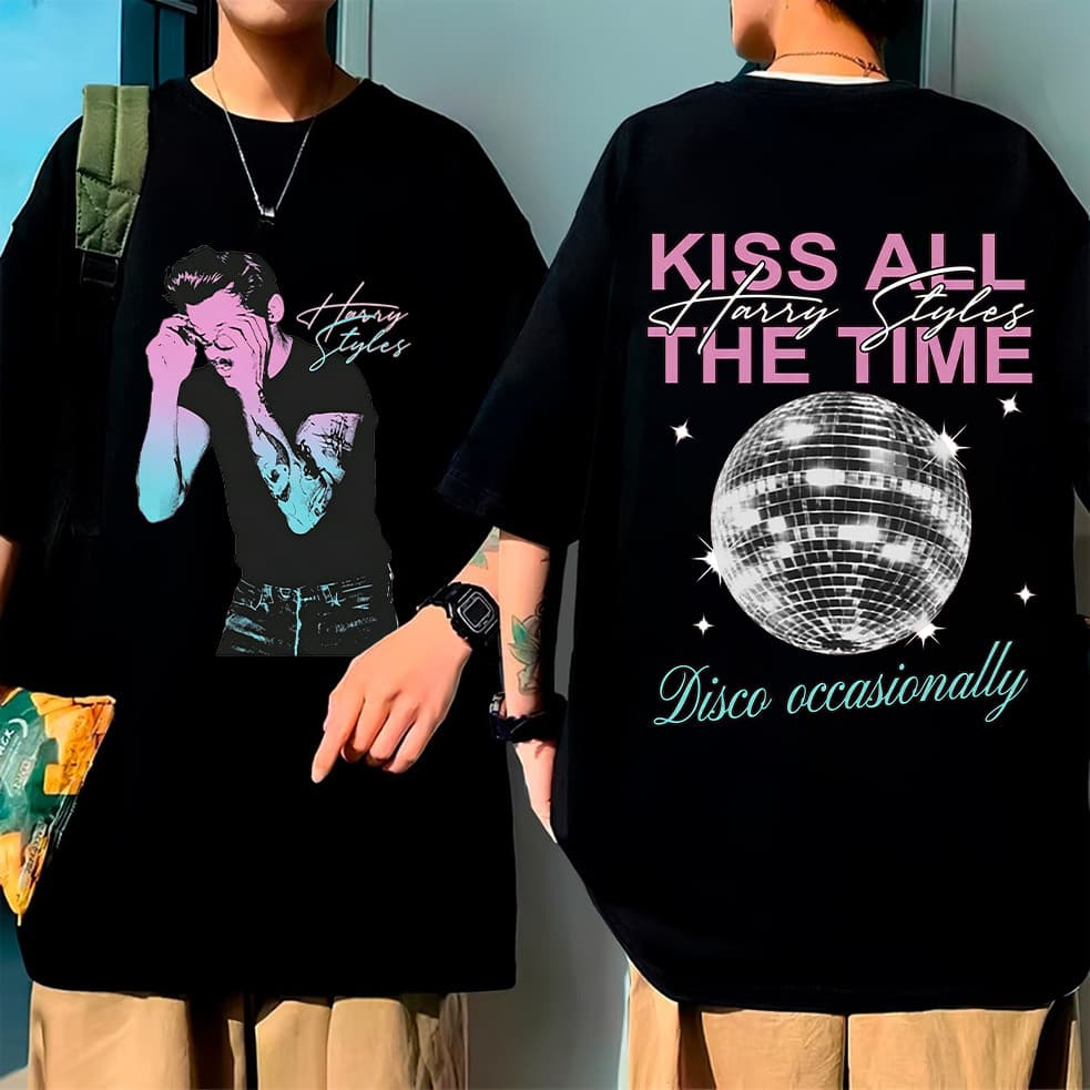 Camiseta Oversized Unissex Preta, Alta Qualidade, Estampa Harry Styles Disco Ball Gradiente