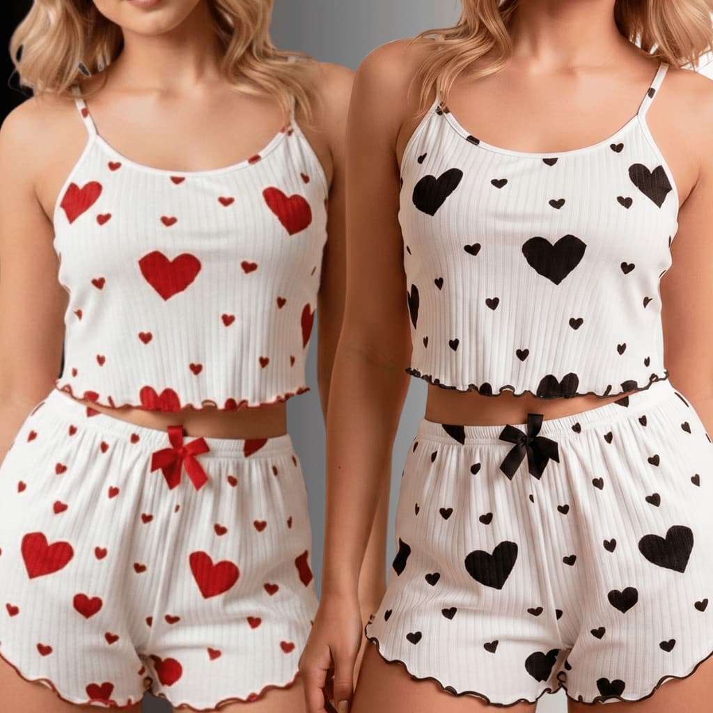 Kit 2 Pijamas Feminino Baby Doll Coração Blusa e Shorts Leve Macio Para Noites de Verão e Inverno