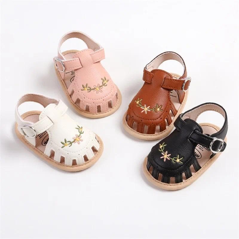Sandálias de Couro PU para Bebê Menina com Bordado de Flores, Sola Macia, Sapatos Planos de Princesa para o Verão, Antid