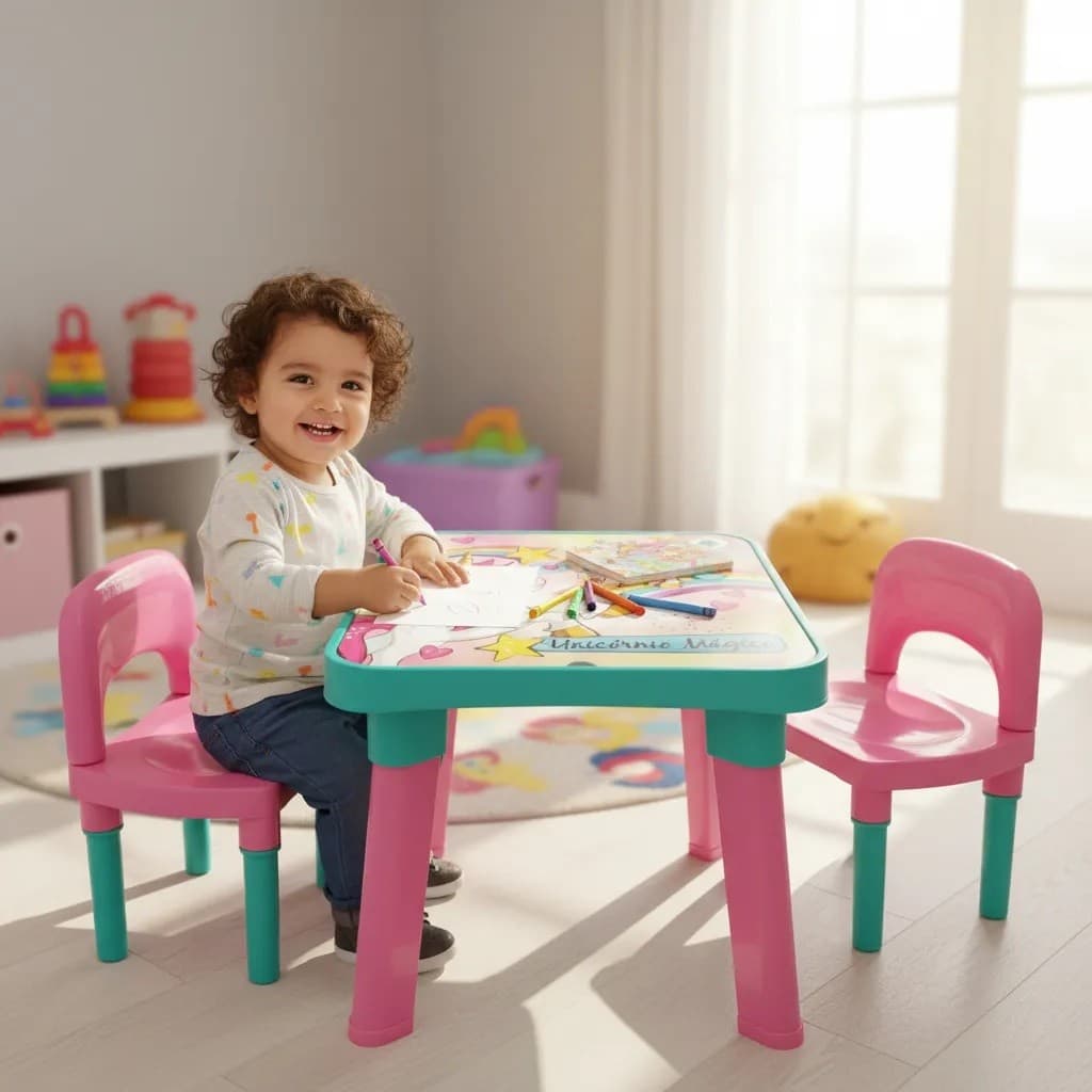 Mesinha Infantil  Unicórnio com 2 Cadeira  com porta lápis e divisória