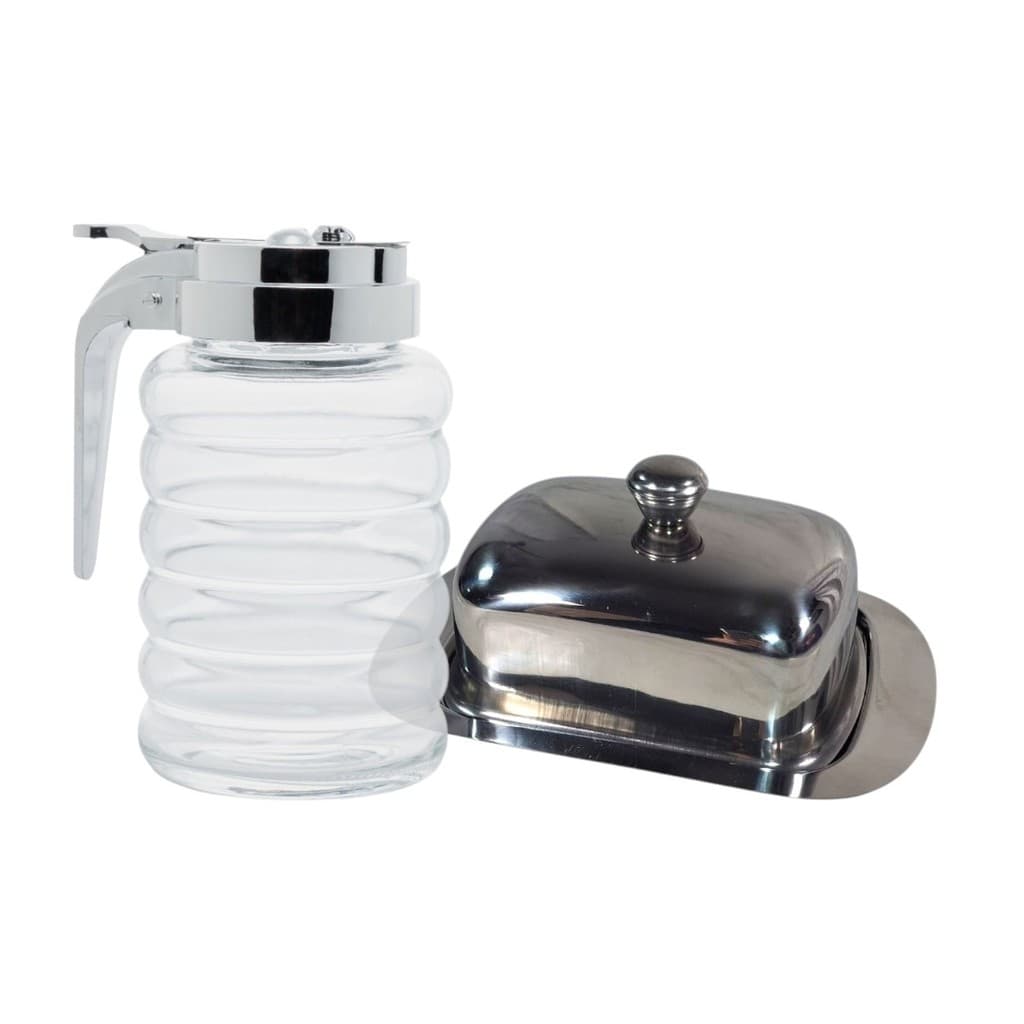 Conjunto Açucareiro Vidro Tampa De Plástico Cromada + Manteigueira Inox Porta Açucar Mel Manteiga