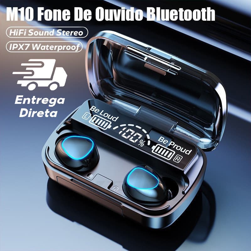 Fone Bluetooth M10 TWS 5.1 Sem Fio Estéreo com Case Power Bank, LED, Microfone + Entrega Rápida