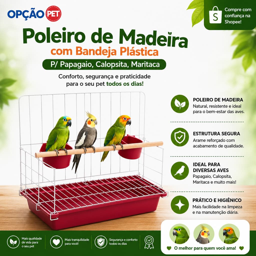 Poleiro de Madeira com Bandeja plástica P/ Papagaio, Calopsita, Maritaca, na cor Vermelho - OPÇÃO PET