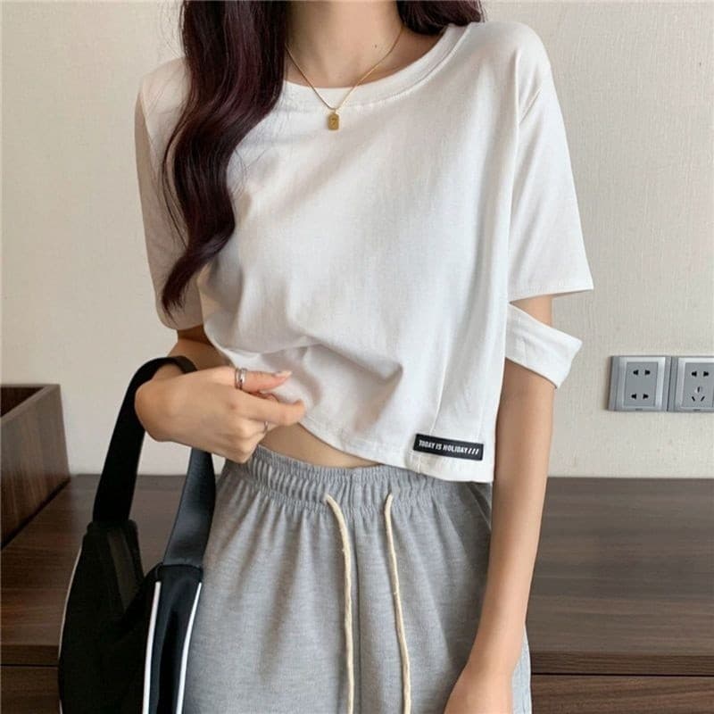 Novo Design Super quente camiseta de manga curta feminina verão versão coreana na moda nicho curto de cintura alta umbig