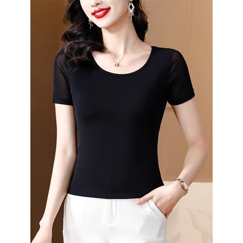 Preto gelo seda gaze de manga curta camiseta feminina verão 2026 novo estilo magro-ajuste camisa de fundo moda renda top