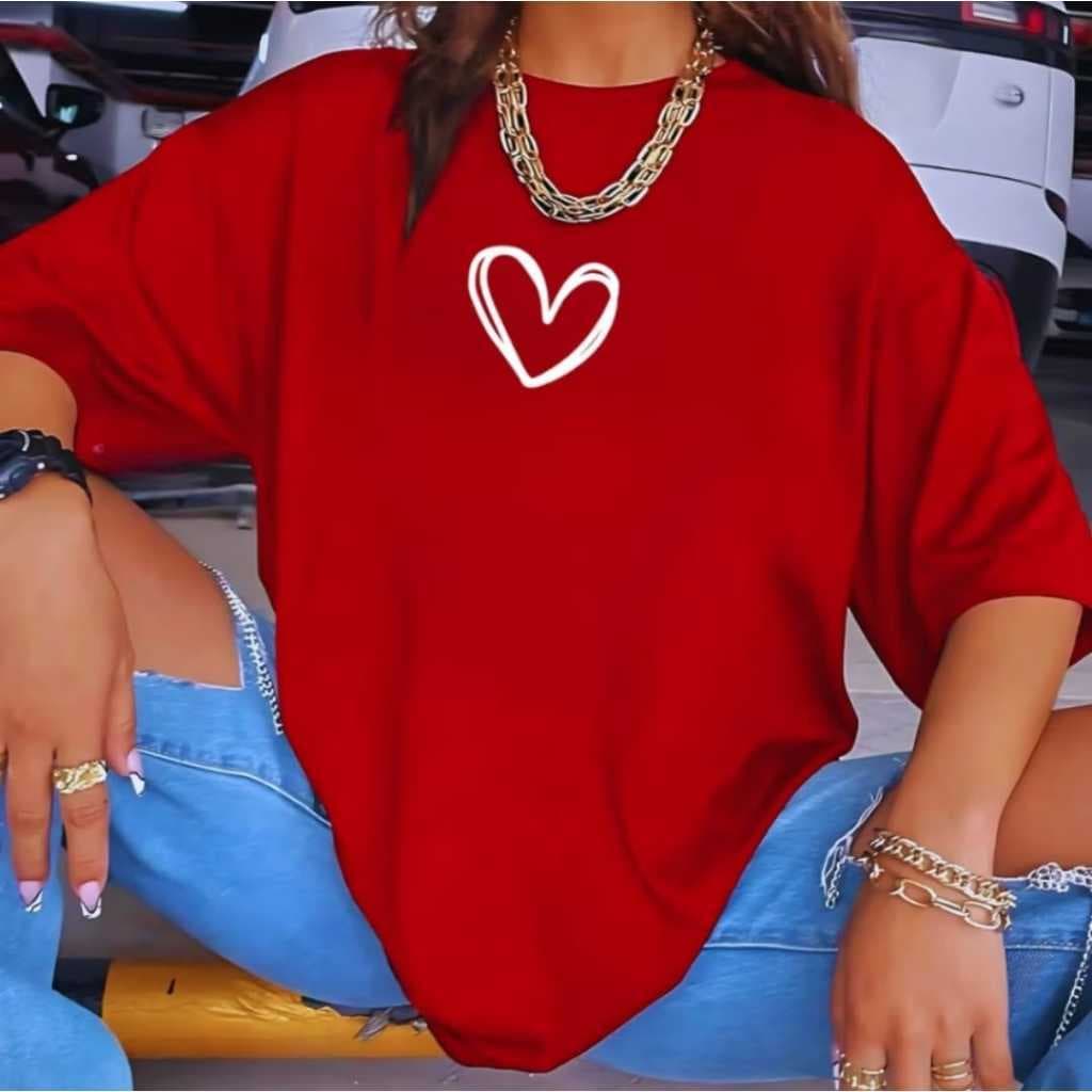 Camiseta Feminina Estampada Coração Academia Blusa Oversized Gym Top T-Shirt 100% Algodão Qualidade Premium