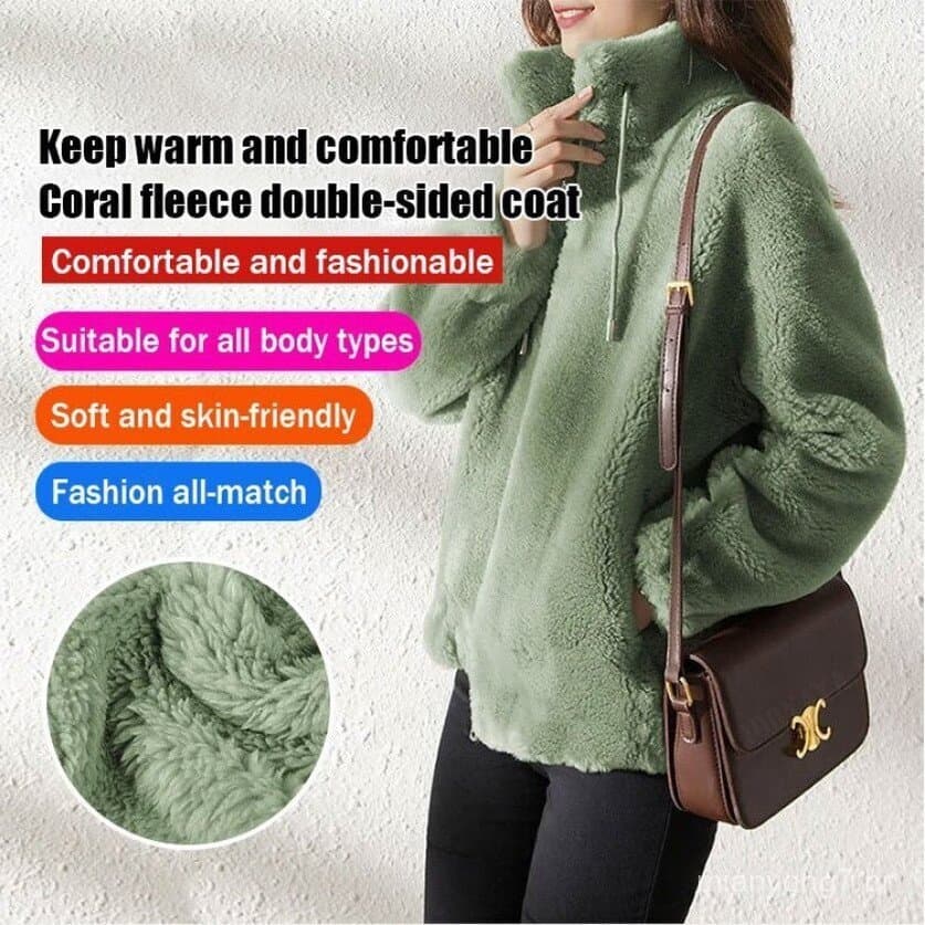 Jaquetas Femininas Quentes De Veludo Dupla Face No Inverno Com Zíper E Gola Alta . Casaco De Lã Quente , Feminino