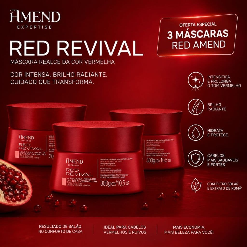 Kit 3 Unidades Máscara Realce da Cor Vermelha Red Revival Amend -300g
