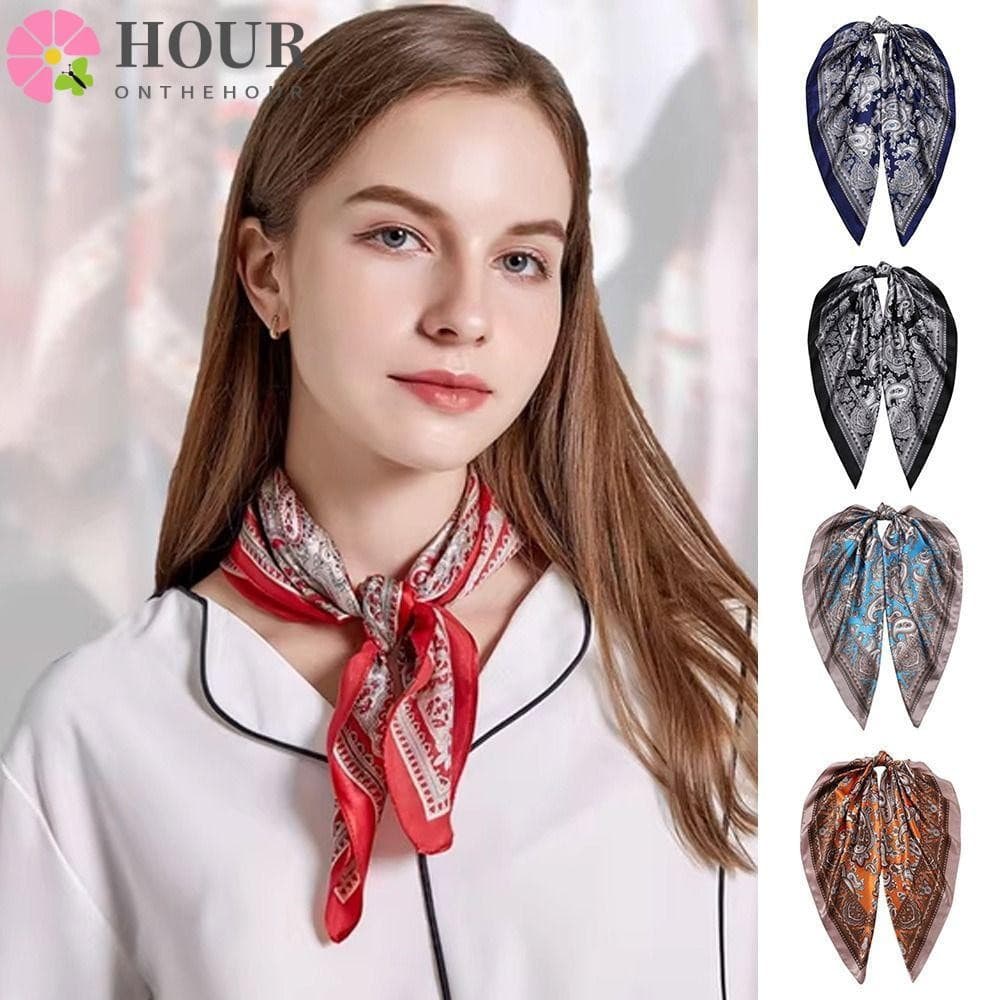 Lenço Hijab De Cetim De Seda HOUR , Estampado De Flor De Caju 90 * 90 Cm Com Estampa Paisley , Textura Lisa