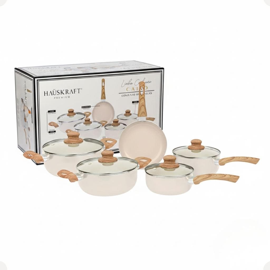 Panelas Cairo Hauskraft 5 Peças Cerâmica Antiaderente Indução Tampa Vidro Linha Gourmet Cozinha
