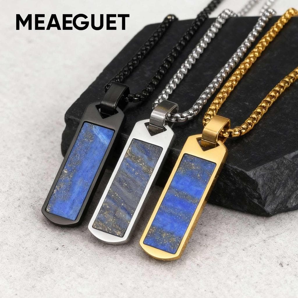Meaeguet Masculino Lápis-Lazúli Colar Pedra Natural Retangular Pingente Cura Energia Minimalista Jóias De Luxo Foco Calm