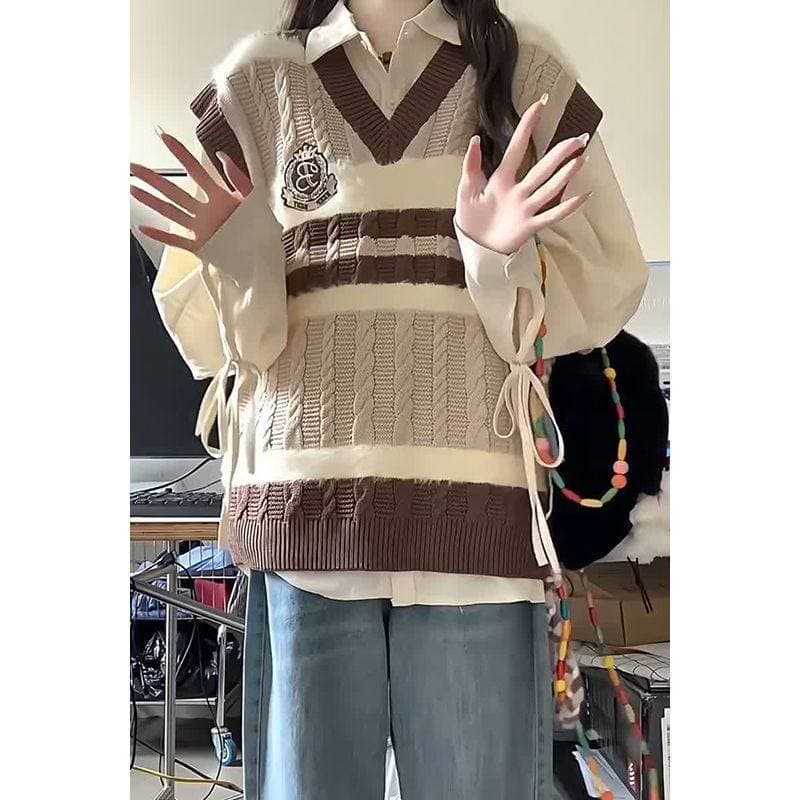 Estilo Preppy exterior Wear outono inverno bordado malha colete camisola feminina estudante + damasco camisa de duas peç