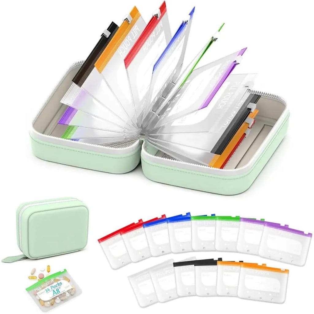 Conjunto Organizador de Comprimidos Impermeável A8 com 14 Bolsas Coloridas para Comprimidos, Organizador de Medicamentos