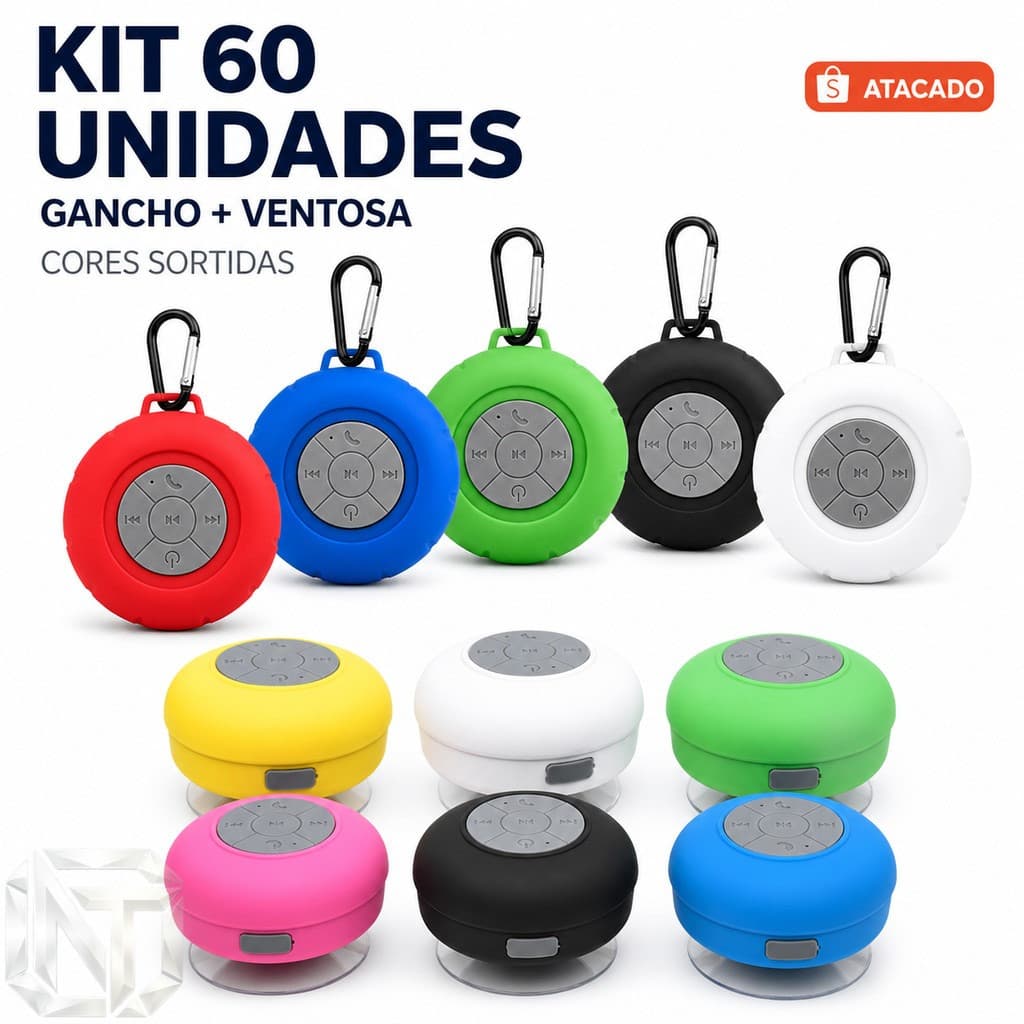 Atacado 60 Unidades Caixa de Som Bluetooth IPX5 Portátil com Ventosa Gancho, À Prova D'água para Banho e Revenda