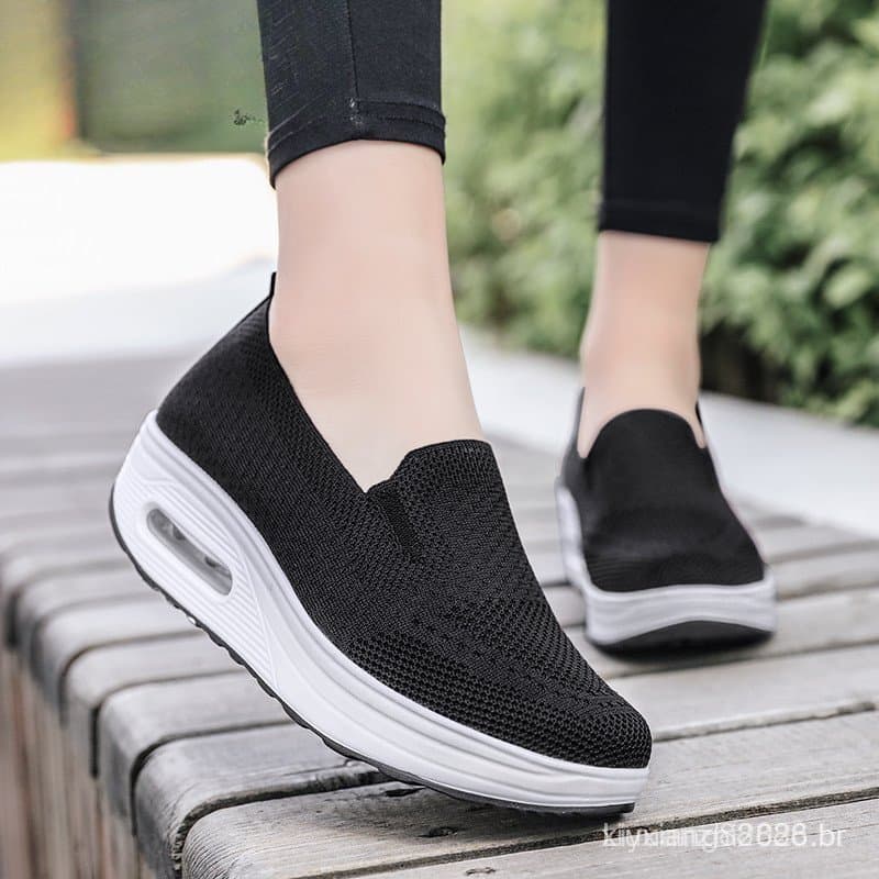 Tênis Mocassim Feminino Clássico com Amortecimento a Ar e Aumento de Altura, Malha Respirável, Cor Sólida, para Caminhad