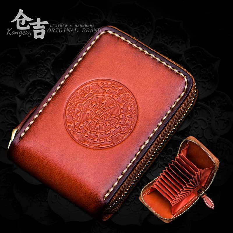 Porta-cartões retrô!Bênçãos de Nove Palácios!Cangyoshi bolsa de órgão artesanal de couro masculino e feminino com zíper