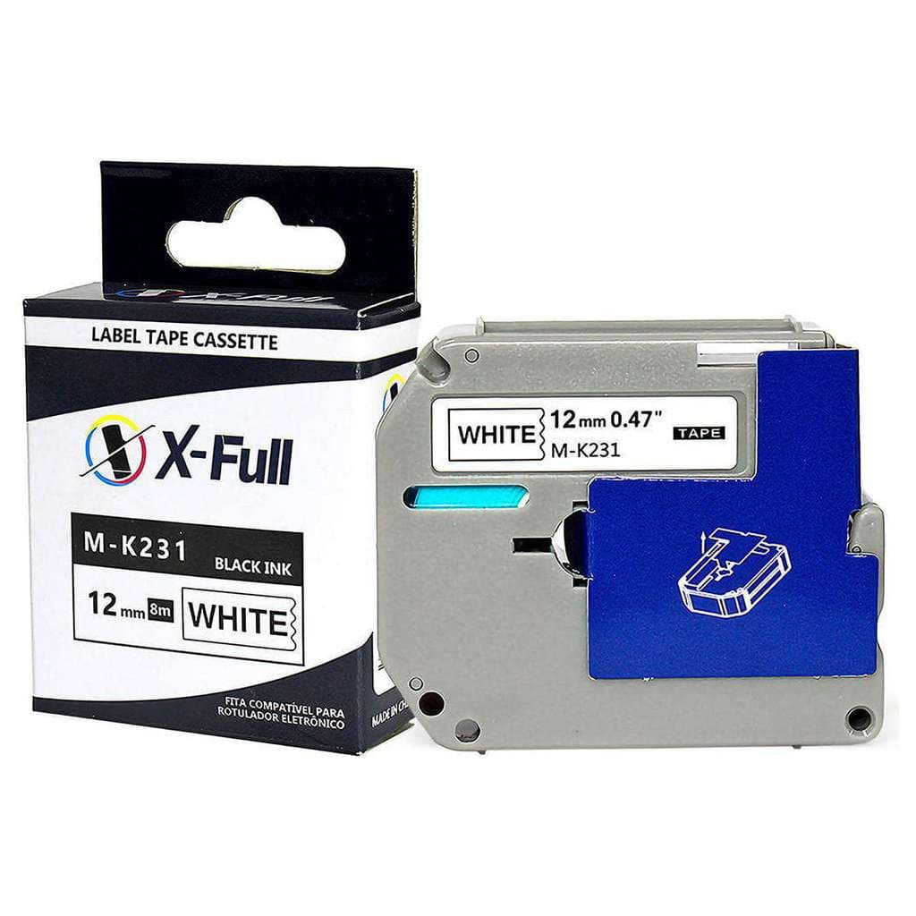 Kit Fitas para Rotulador Compatível com MK231 M-K231 12mm x 8m Fita Branca Letra Preta X-Full