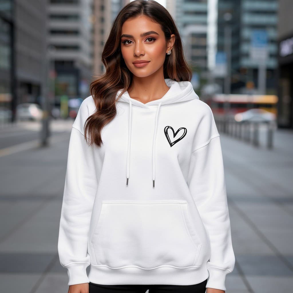 Blusa de Frio Moletom Feminino Casual com Capuz Bolso Canguru e Estampa de Coração