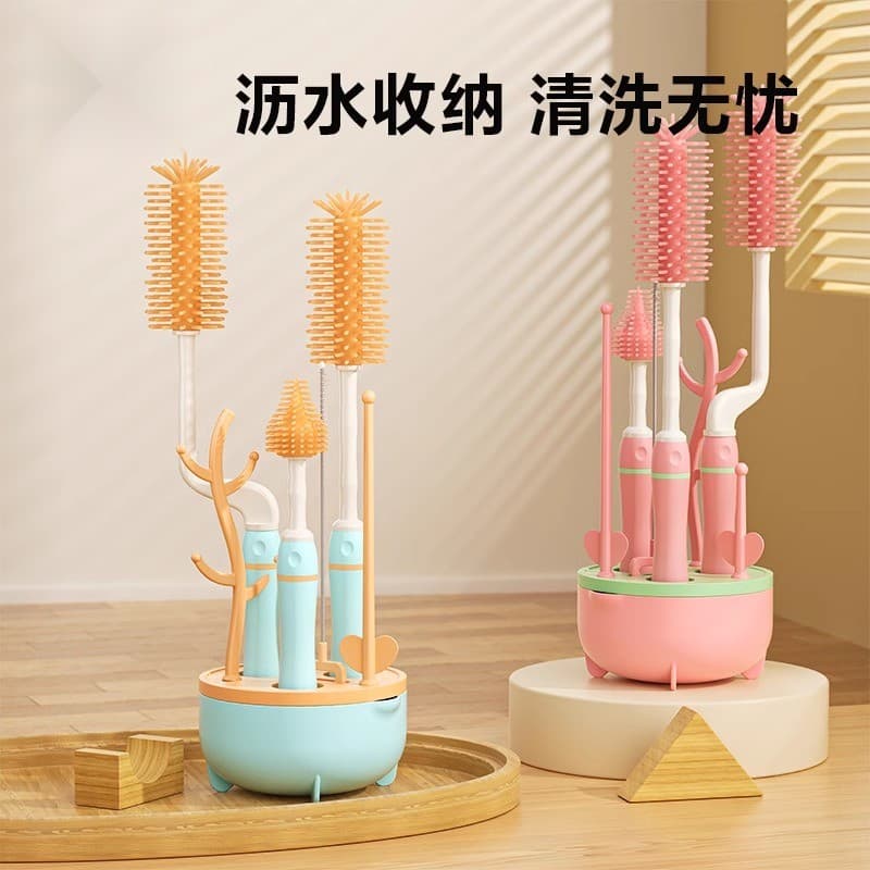 Escova de garrafa para bebê recém-nascido, conjunto de escova de limpeza de Silicone para lavagem de mamilos, escova de