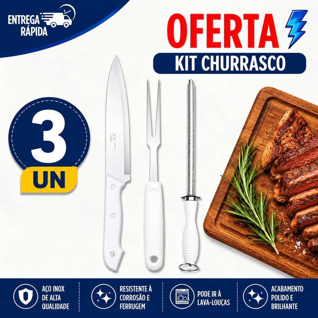 COMBO PREMIUM CHURRASCO FACA 8 POLEGADAS + CHAIRa + AFIADOR + GARFO TRINCHANTE