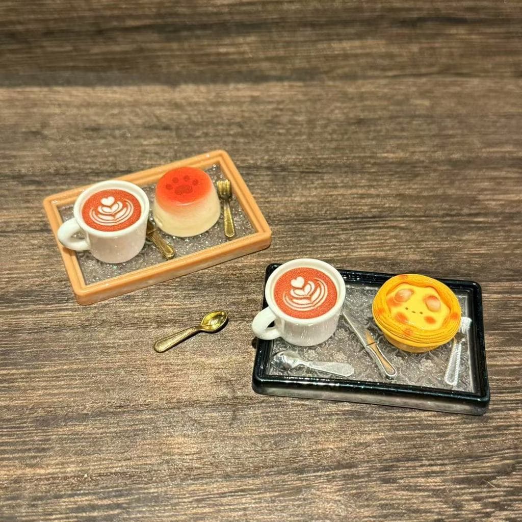 Casa de boneca em miniatura Mini resina doces brinquedo pudim ovo Tart bandeja café conjunto jogar casa chá da tarde bri
