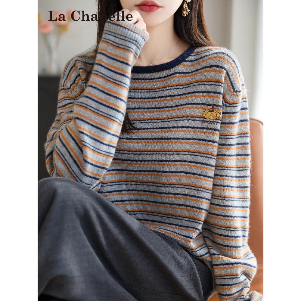 Lasherbell moda listrado abóbora bordado malha camisa de fundo feminino primavera outono Plus Size feminino topo outono