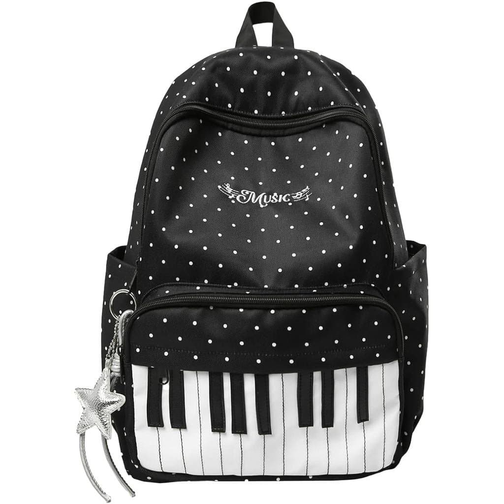 Mochila de Bolinhas Fofa Estilo Coquette com Design de Piano, Mochila Kawaii com Pingente (Preto) 26JR